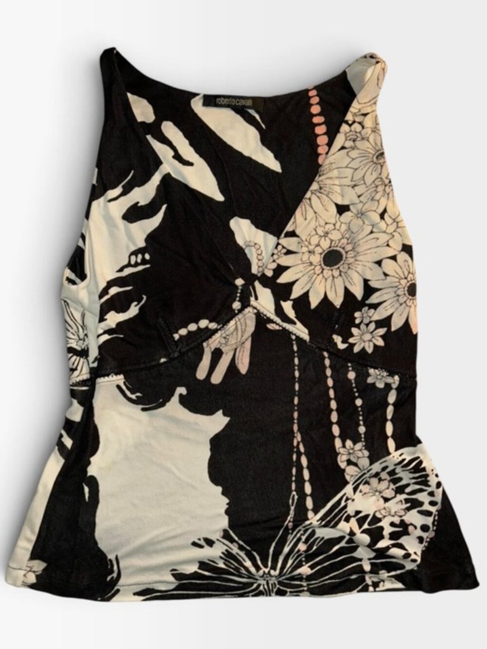 Roberto Cavalli Black white floral print sleeveless top 38 S